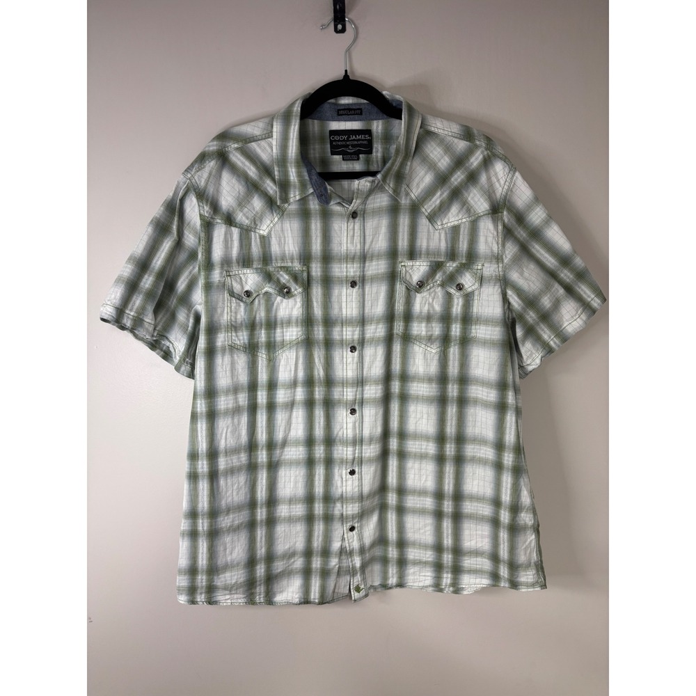Cody James Mens Short Sleeve Plaid Western Shirt Size 2XL Green‎ White